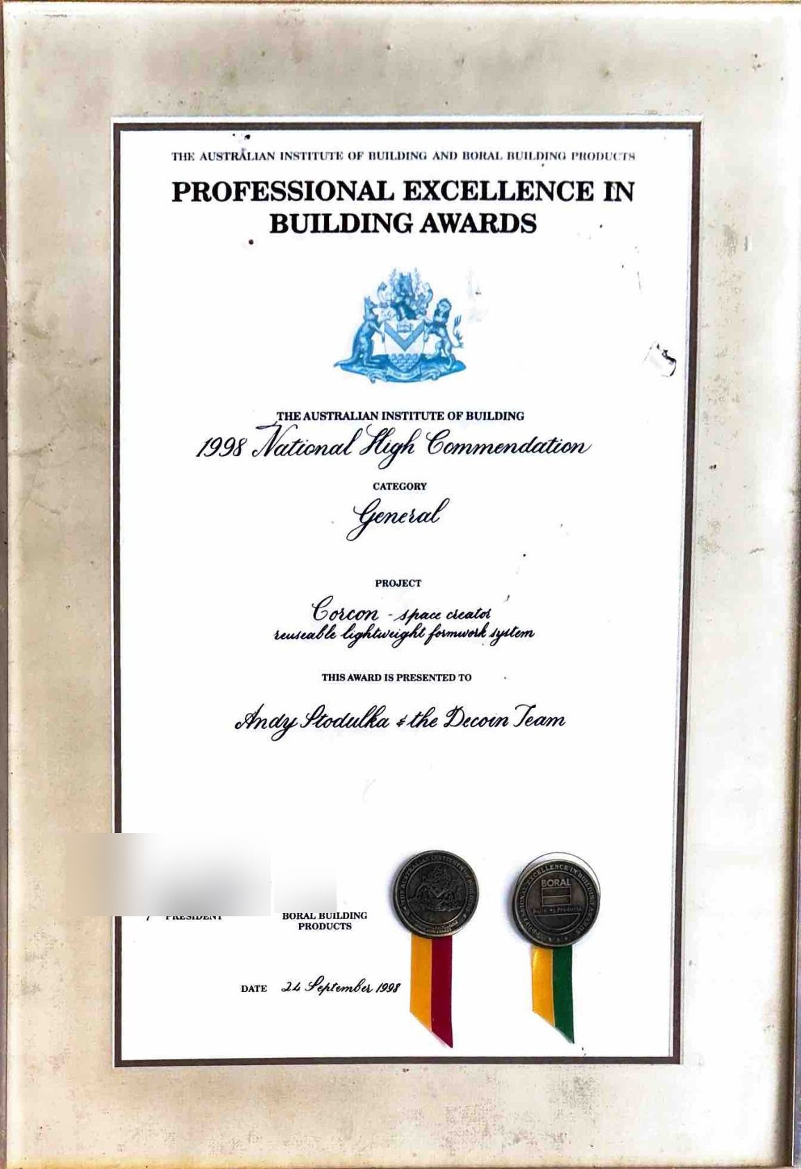 Professional Excellence in Building award - Sep1998