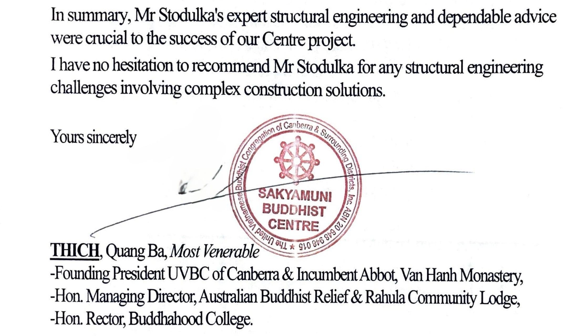 Letter of recommendation from Thich Quang Ba, Sakyamuni Buddhist Centre